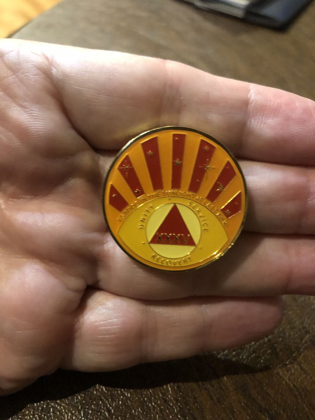Customer photo review of Stood in the Sunlight 35 Year Specialty AA Recovery Medallion - Tri-Plated Thirty-Five Year Chip/Coin