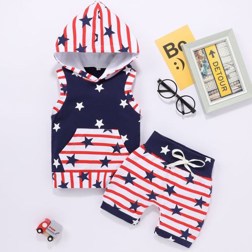 Customer photo review of Baby And Toddler Boys Summer Independence Day New Striped Letter Print Hooded Top And Star Shorts Tow-piece Set Wholesale Kids Clothing