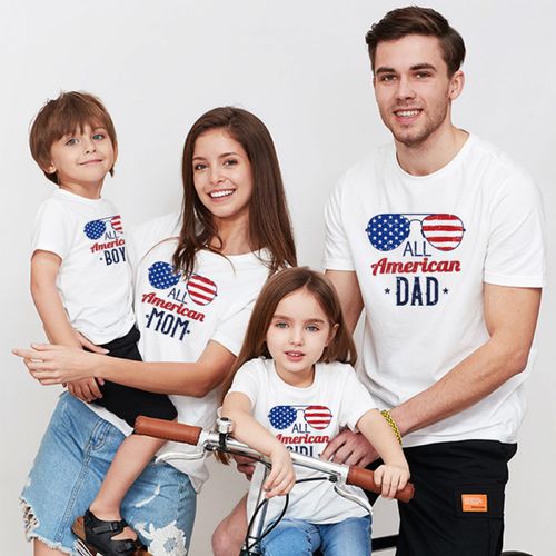 Customer photo review of MOQ 2PCS Summer Family Tops Independence Day Stars And Stripes Eyepiece Letter Print Family Of Four Short Sleeve T-Shirt Wholesale Mommy And Me Clothing