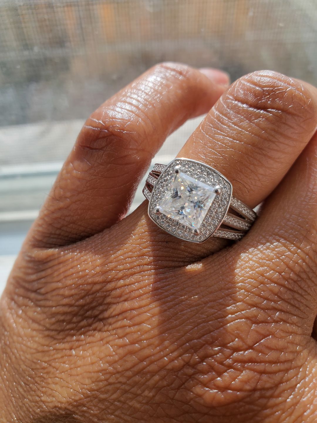 Customer photo review of Halo Princess Moissanite Split Shank Pave Engagement Ring