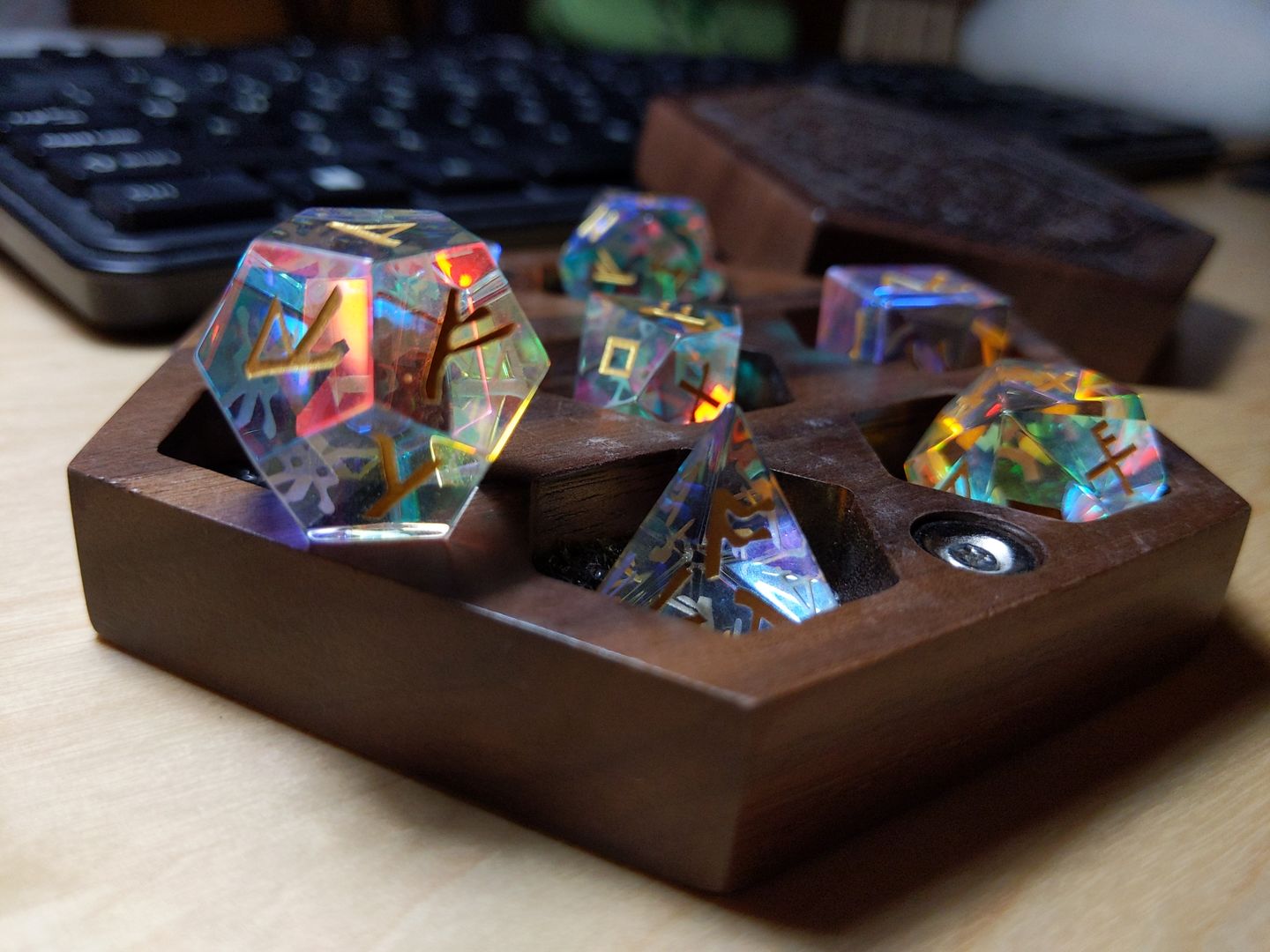 Customer photo review of URWizards D&D Dichroic Prism Glass Gemstone Engraved Dice Set Runes Numbers