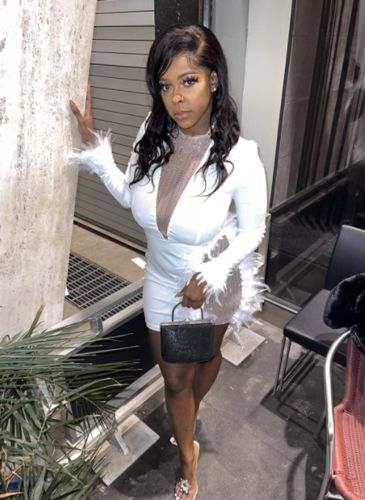 Customer photo review of Feather & Mesh Patchwork Glamorous See-Through Mini Dress