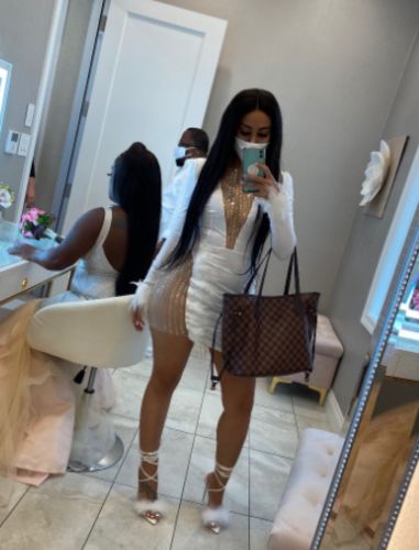 Customer photo review of Feather & Mesh Patchwork Glamorous See-Through Mini Dress