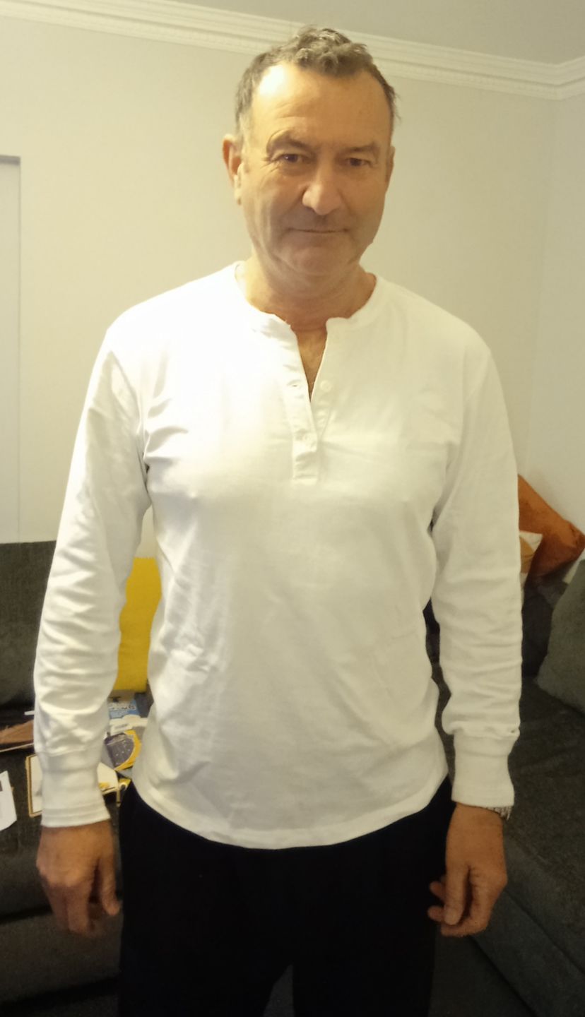 Customer photo review of Vintage Long Sleeve Henley Shirt - White