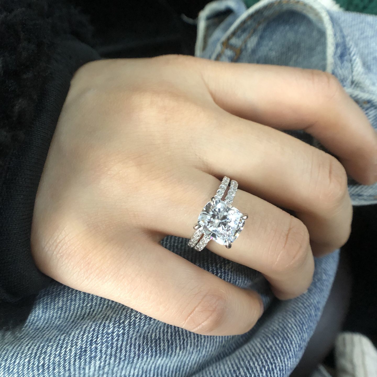 Customer photo review of S925 Classic 3.0 Carat Cushion Cut White Sapphire Wedding Set In Sterling Silver
