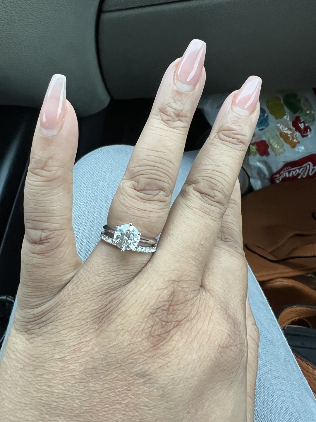 Customer photo review of Moissanite Round Half Eternity Sterling Silver Wedding Band Stackable Ring