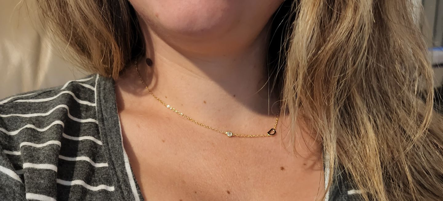 Customer photo review of Sideways Pave Letter Necklace