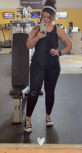 Customer photo review of Salty Savage™ Ladies OG Smile Miami Legging with Knee Logo | Miami Performance | Black