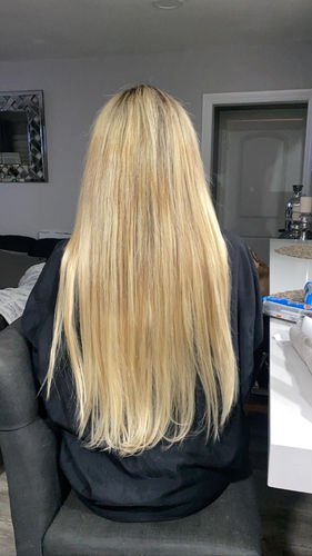 Customer photo review of Full Shine Tape in Hair Extensions Human Hair 100 Grams Balayage Ombre (#3/8/613)