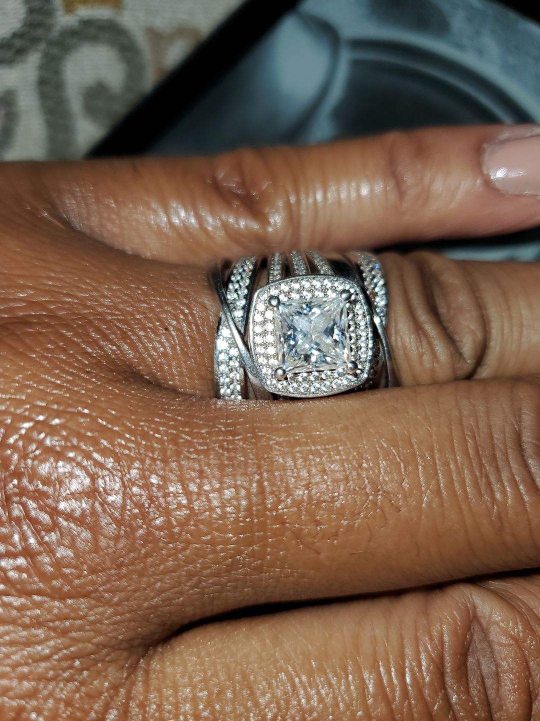 Customer photo review of Halo Princess Moissanite Split Shank Pave Engagement Ring