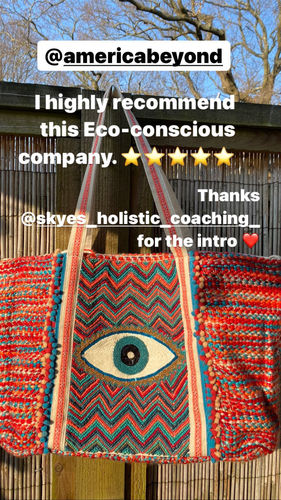 Customer photo review of Evil Eye Good Luck Hand Beaded Orange and Blue Tote Bag