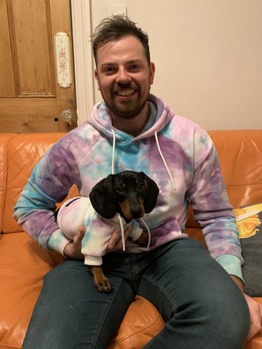 Customer photo review of 90s Retro Sky Dye Dog Hoodie