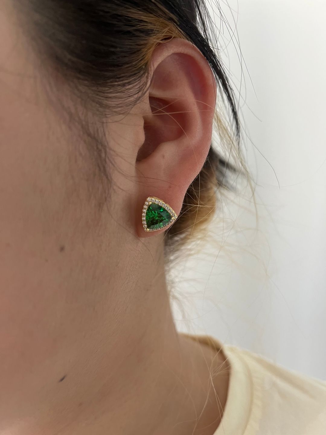 Customer photo review of Louily Elegant Yellow Gold Trillion Cut Emerald Green Earrings In Sterling Silver