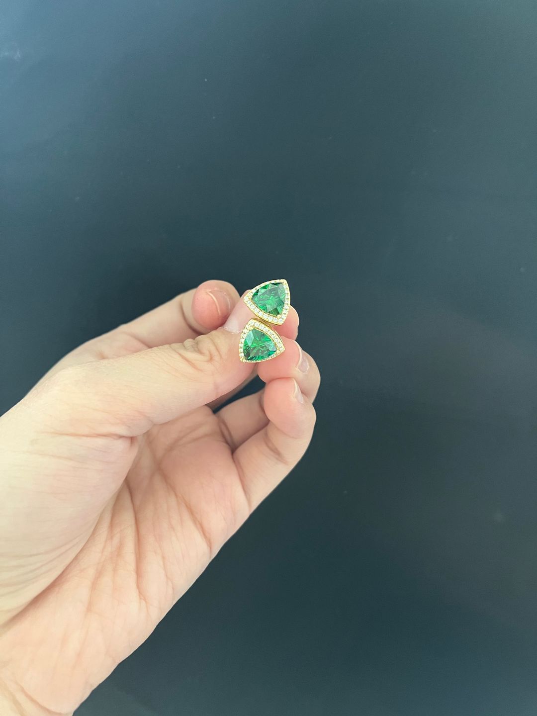 Customer photo review of Louily Elegant Yellow Gold Trillion Cut Emerald Green Earrings In Sterling Silver