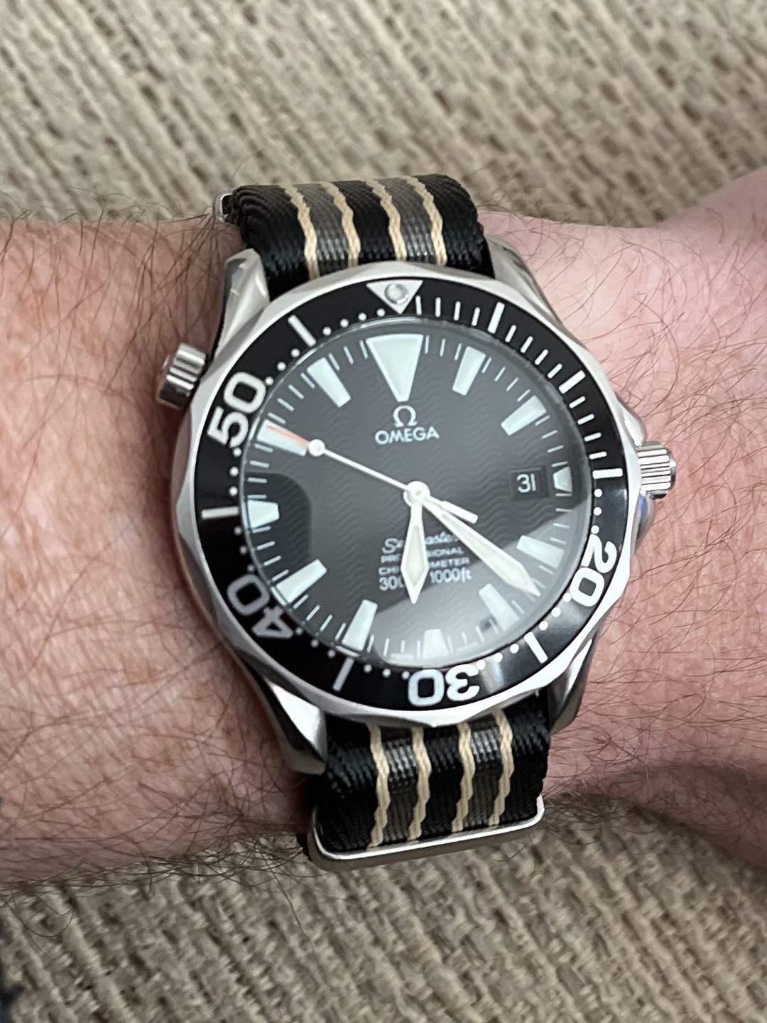 Customer photo review of Premium Woven NATO Watch Strap - Black, Grey and Beige (No Time To Die Strap)