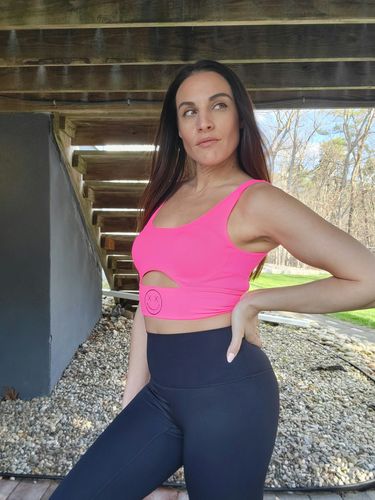Customer photo review of Salty Savage™ Ladies OG Smile Peekaboo Ribbed Seamless Crop Tank Top | Neon Pink