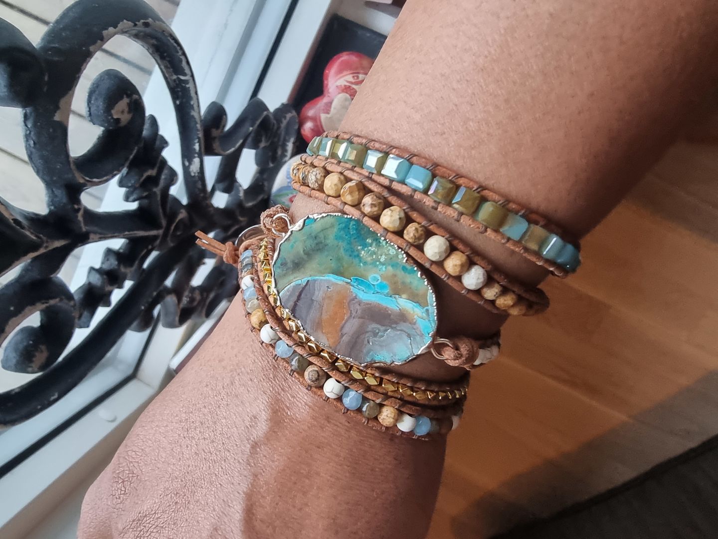 Customer photo review of Handmade Natural Ocean Jasper Leather Wrap Bracelet