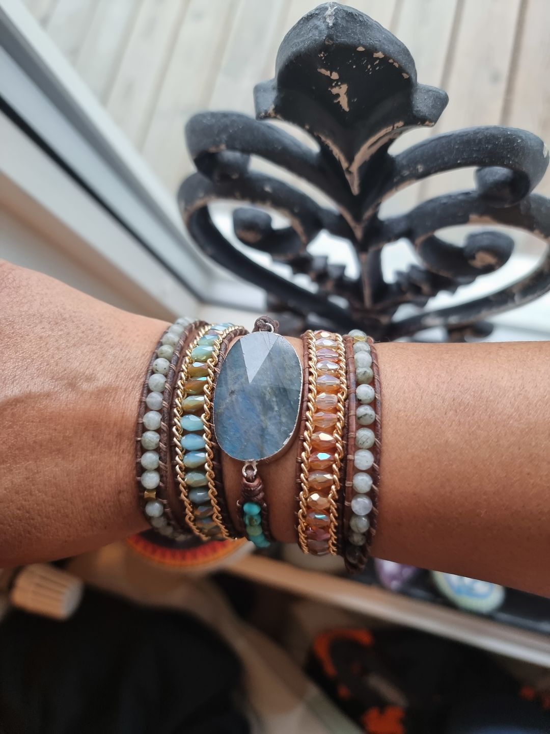 Customer photo review of Natural Labradorite & Gold Chain Bead Wrap Bracelet