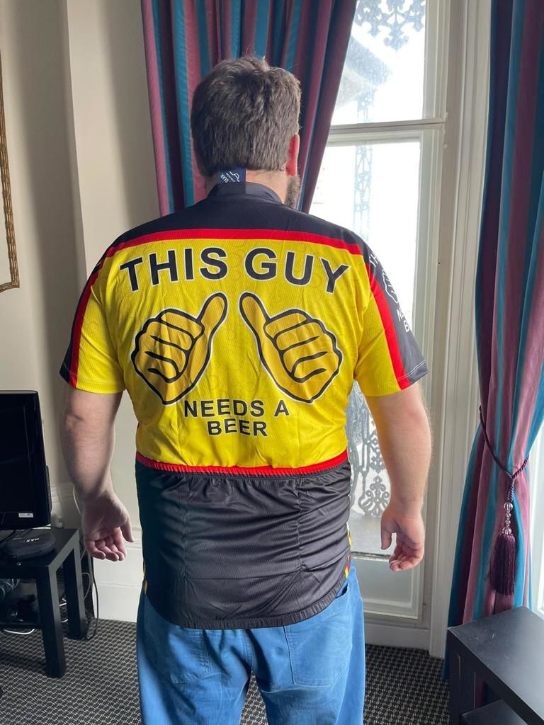 Customer photo review of This Guy Needs A Beer Cycling Jersey