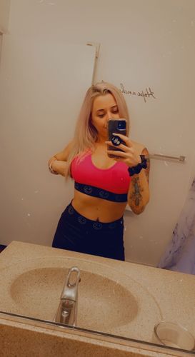 Customer photo review of Salty Savage™ Ladies "Happy Thoughts" Sports Bra | Wet Suit Performance | Hot Pink