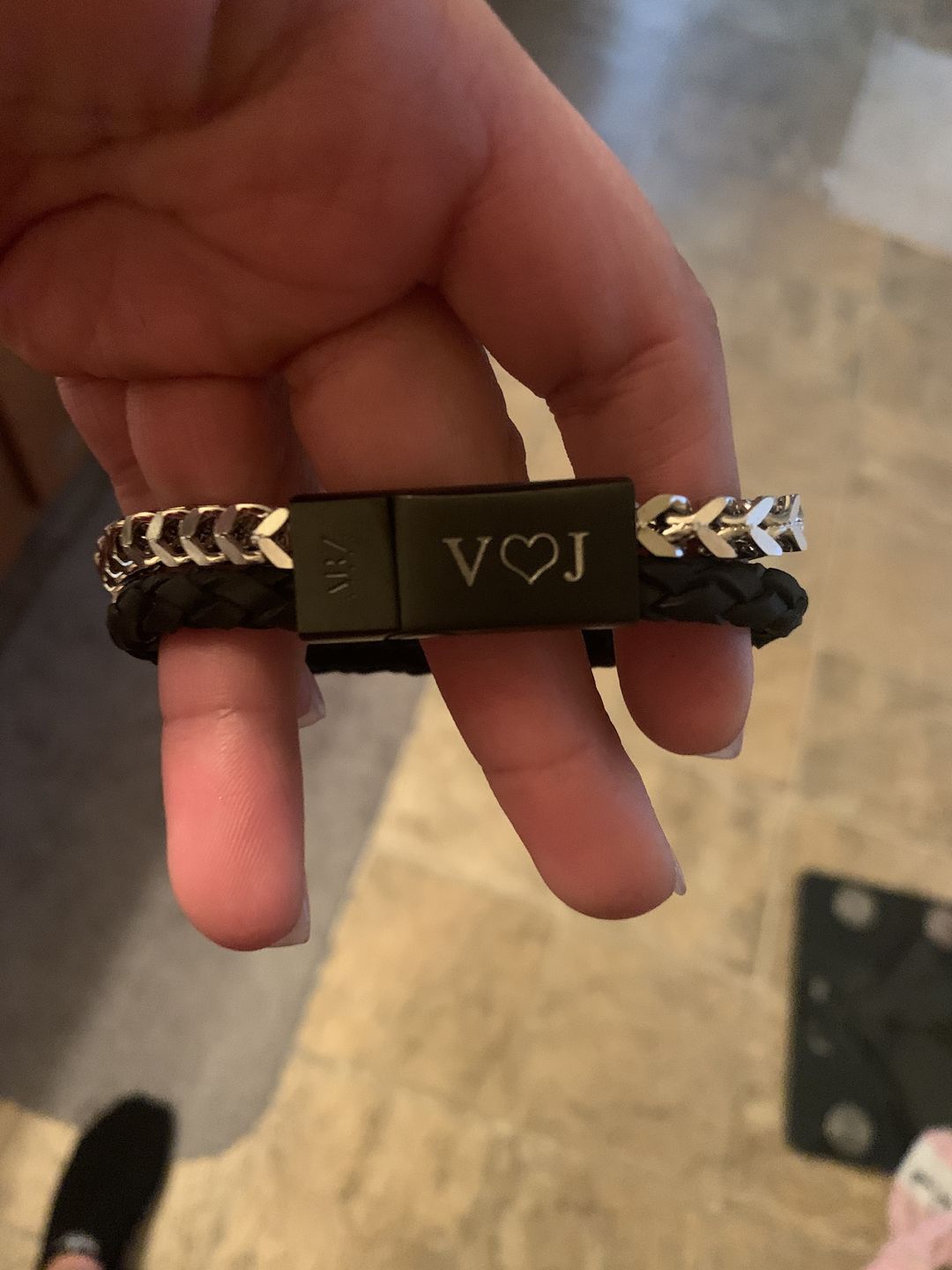 Customer photo review of Black Leather Franco Link Engravable Bracelet