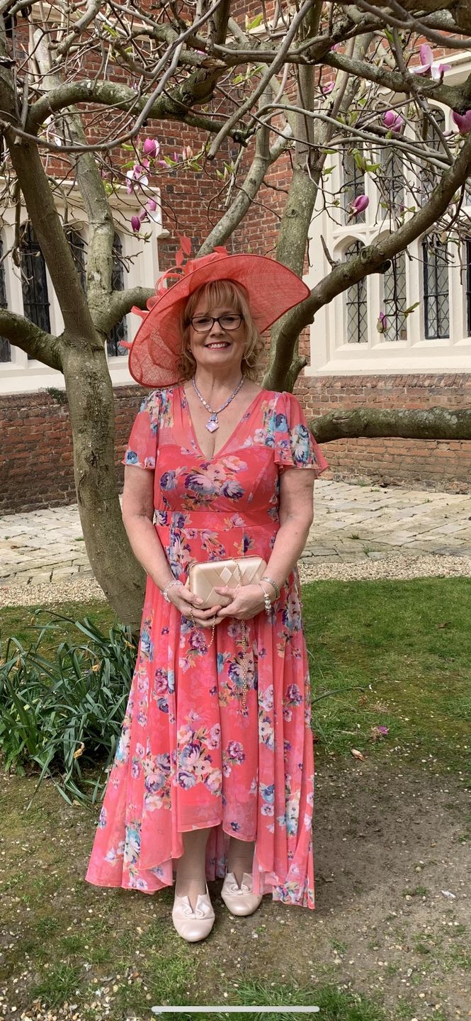 Customer photo review of Tilly Coral Multi Print Angel Sleeve Sweetheart Dress