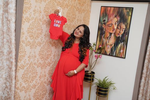 Customer photo review of Red Bubble Satin Luxe Maternity Flow Dress