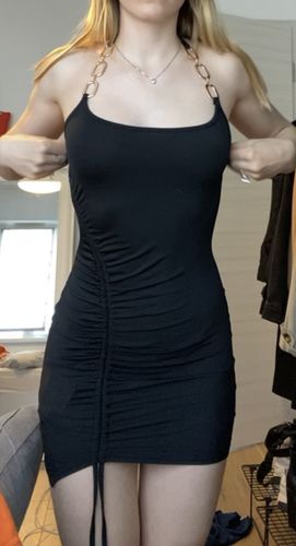 Customer photo review of Halter Neck Buckle Detail Ruched Mini Dress