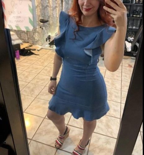Customer photo review of Vorioal O Neck Flouncing Denim Dress