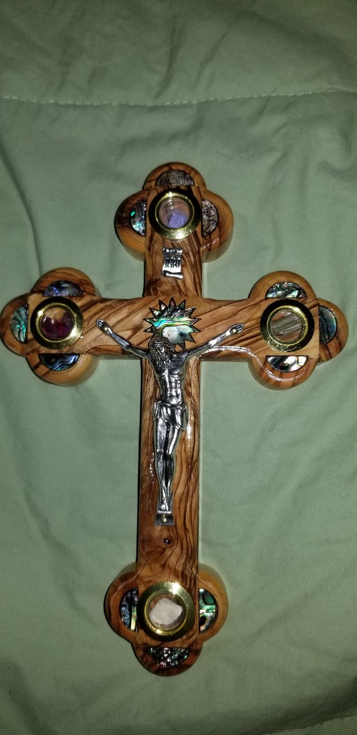 Customer photo review of Olive Wood Crucifix (Partially covered with Mother of Pearl) - Holy Land Crucifixes