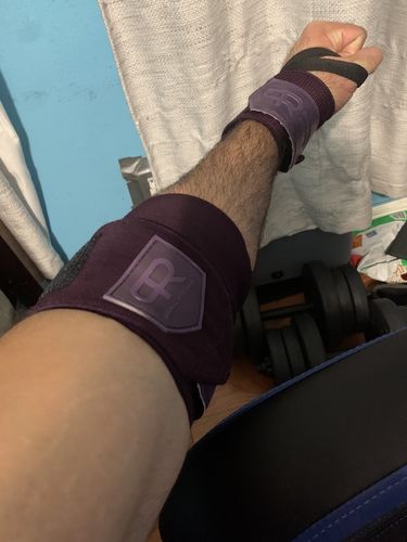 Customer photo review of PR Purple Arm Day Bundle - Purple (Wrist Wraps, Elbow Wraps, and Lifting Straps)
