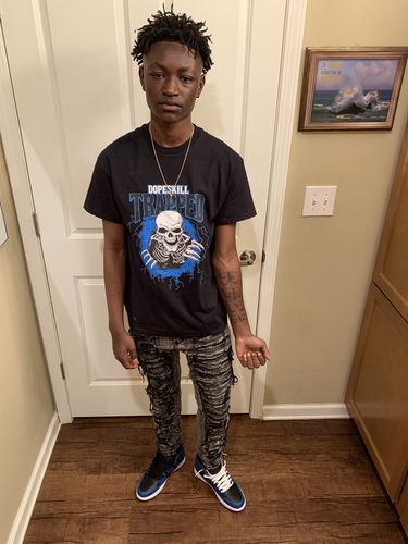 Customer photo review of Jordan 1 Dark Marina Blue DopeSkill T-Shirt Trapped Halloween Graphic