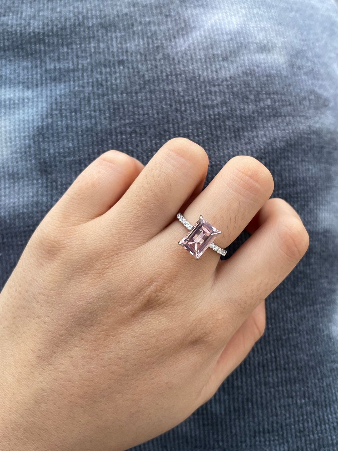 Customer photo review of Louily Elegant Emerald Cut Morganite Pink Women's Engagement Ring In Sterling Silver