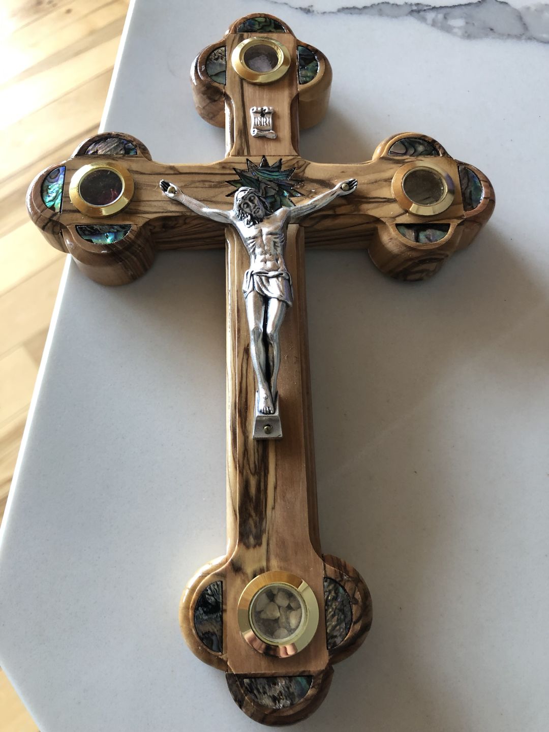Customer photo review of Olive Wood Crucifix (Partially covered with Mother of Pearl) - Holy Land Crucifixes