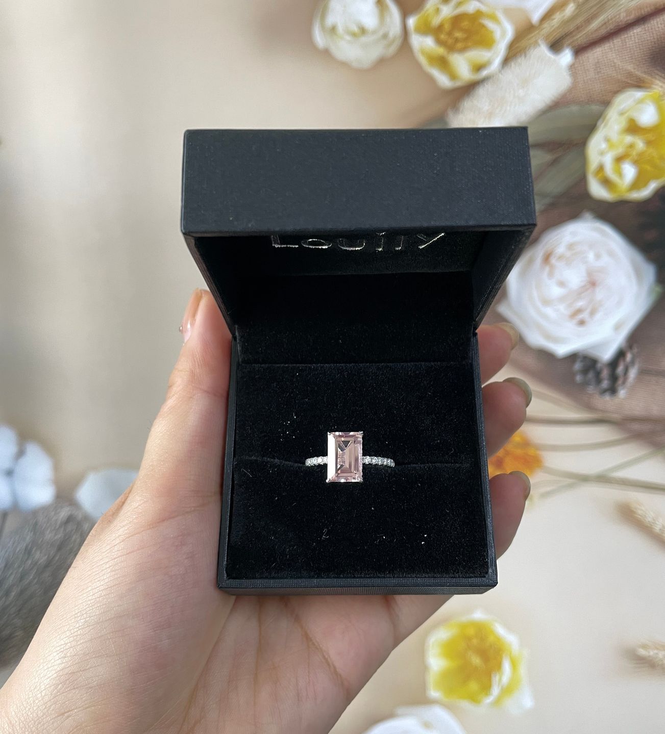Customer photo review of Louily Elegant Emerald Cut Morganite Pink Women's Engagement Ring In Sterling Silver