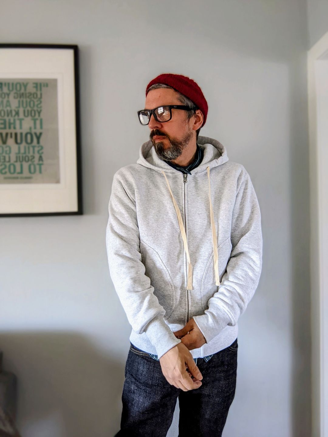 Customer photo review of 17.5 oz Terry Cloth Zip-Up Hoodie - Light Gray