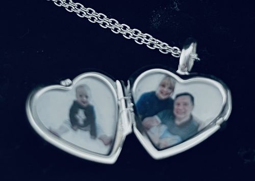 Customer photo review of Pink Mother of Pearl Heart Locket - Gold