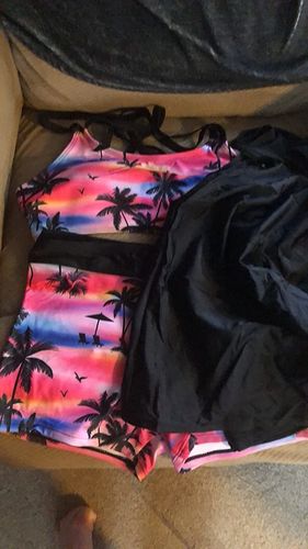 Customer photo review of Pink Palm 3 Piece Tank Bathing Suits with Shorts and Racerback Sports Bra Tankini Set