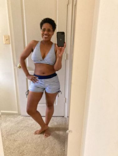 Customer photo review of Blue White Stripes 3 Piece Tank Bathing Suits with Shorts and Bra Athletic Tankini Set