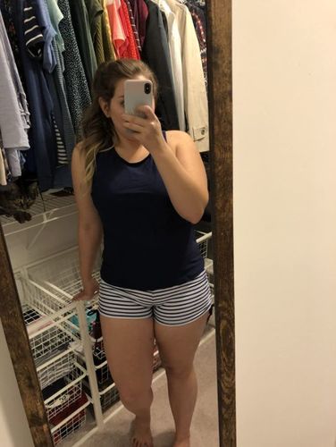 Customer photo review of Blue White Stripes 3 Piece Tank Bathing Suits with Shorts and Bra Athletic Tankini Set