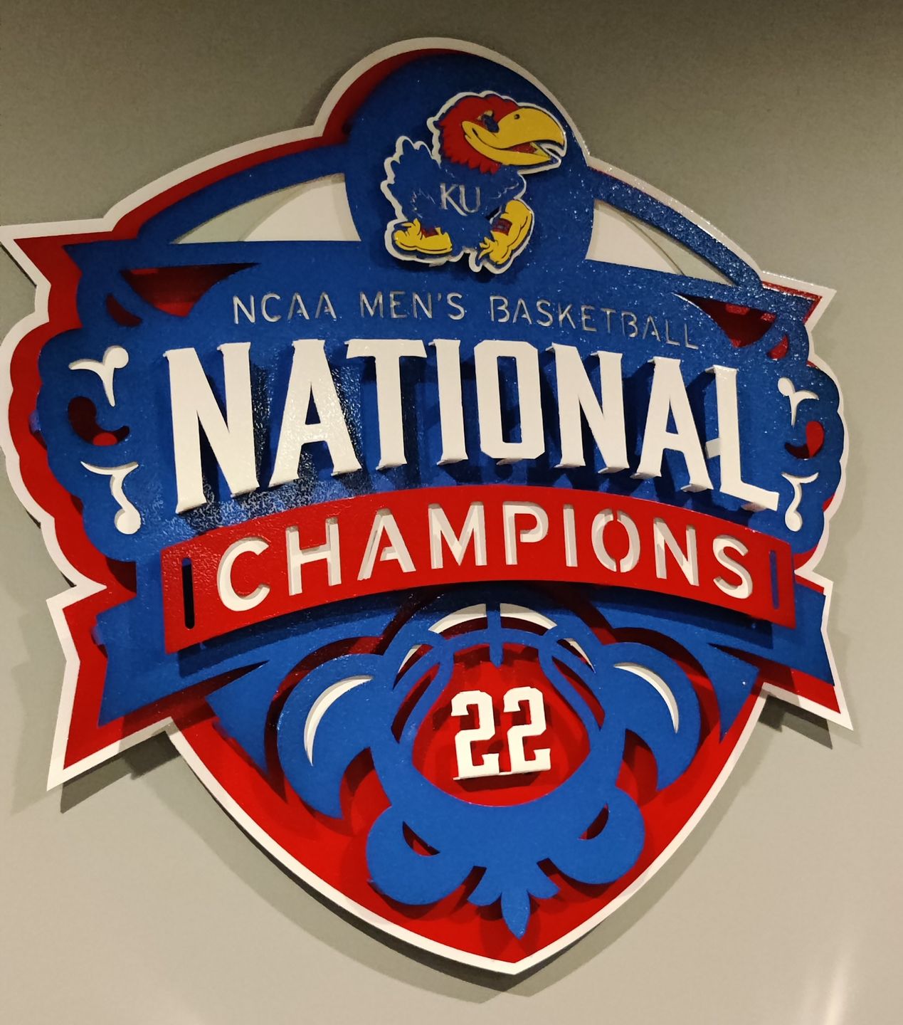 Customer photo review of Kansas Jayhawks "2022 NCAA BASKETBALL NATIONAL CHAMPIONS"  3D Vintage Metal Wall Art