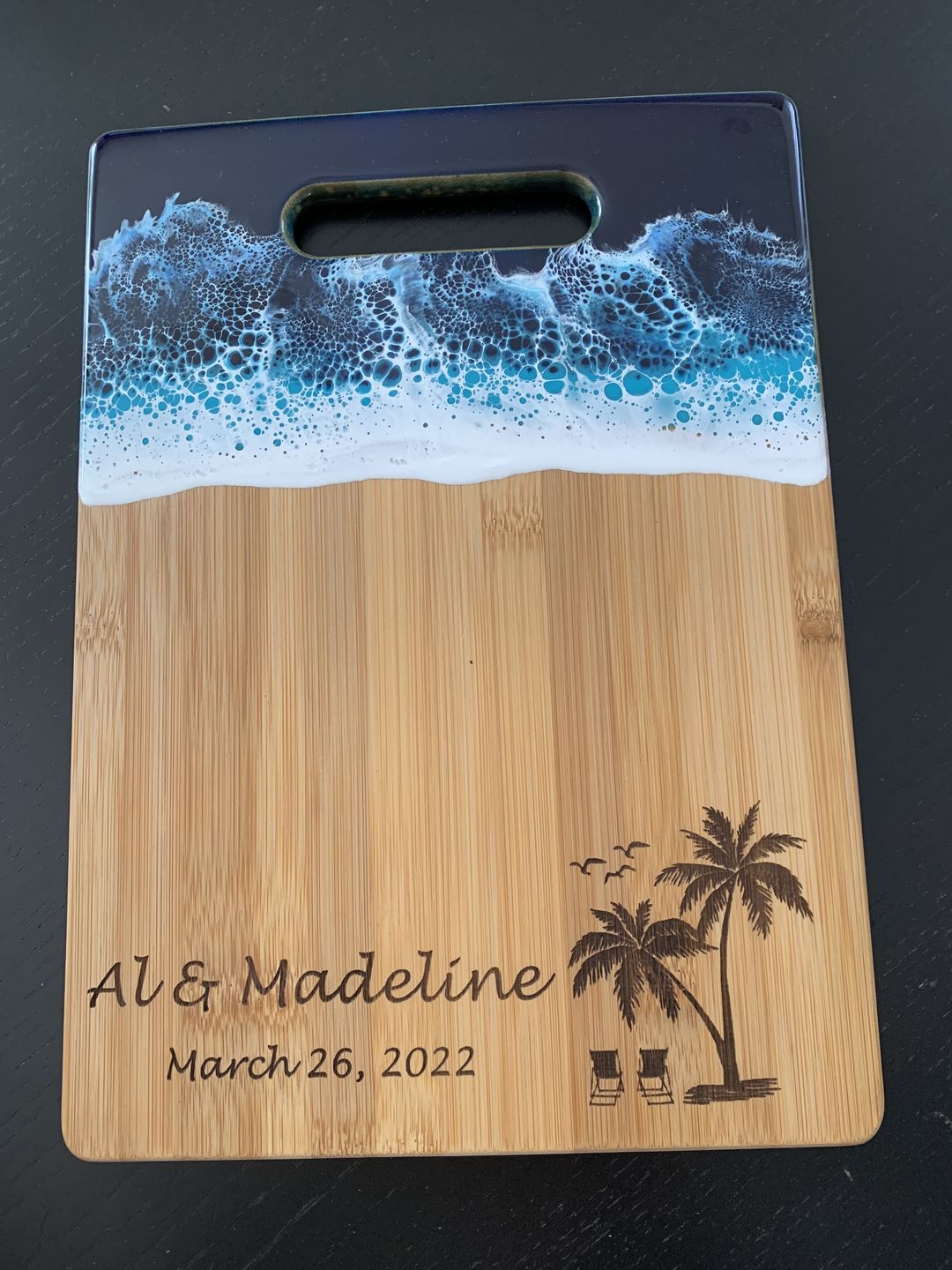 Customer photo review of Bamboo Serving Board with Resin Wave Art