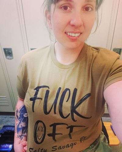 Customer photo review of Salty Savage™ Unisex “FUCK OFF” Tee | Coyote Brown