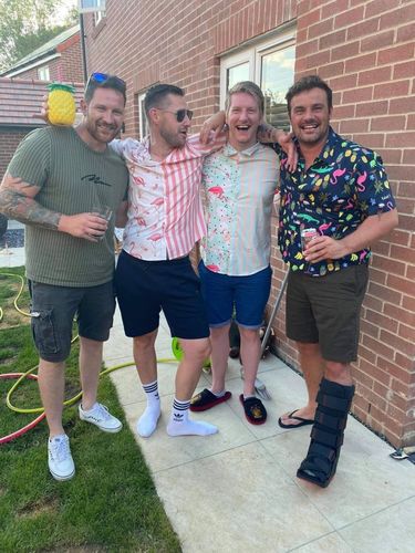 Customer photo review of Men's Pink Flamingo & Striped Print Holiday Pocket Short Sleeve Shirt