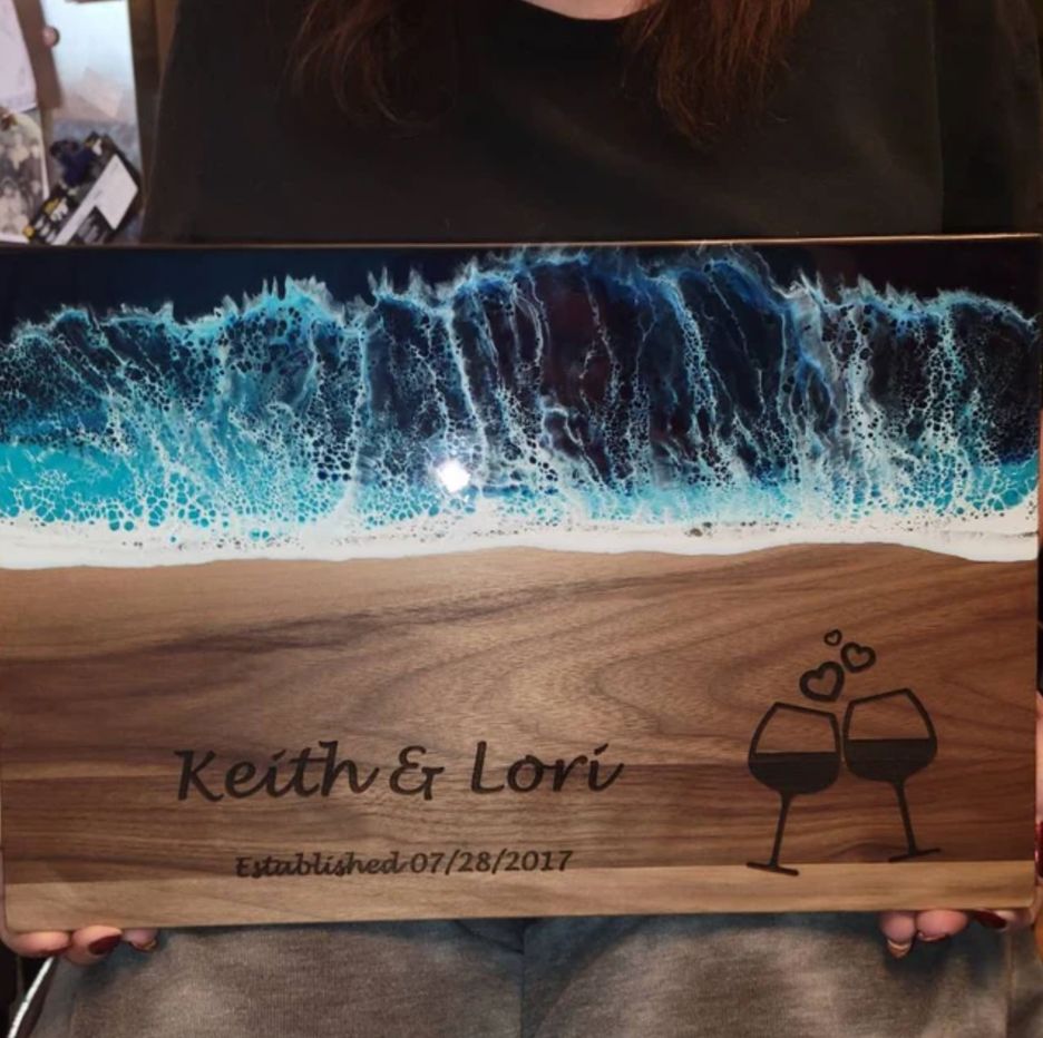 Customer photo review of Maple Wood Cutting Board with Resin Ocean Wave Art Best for Gifts