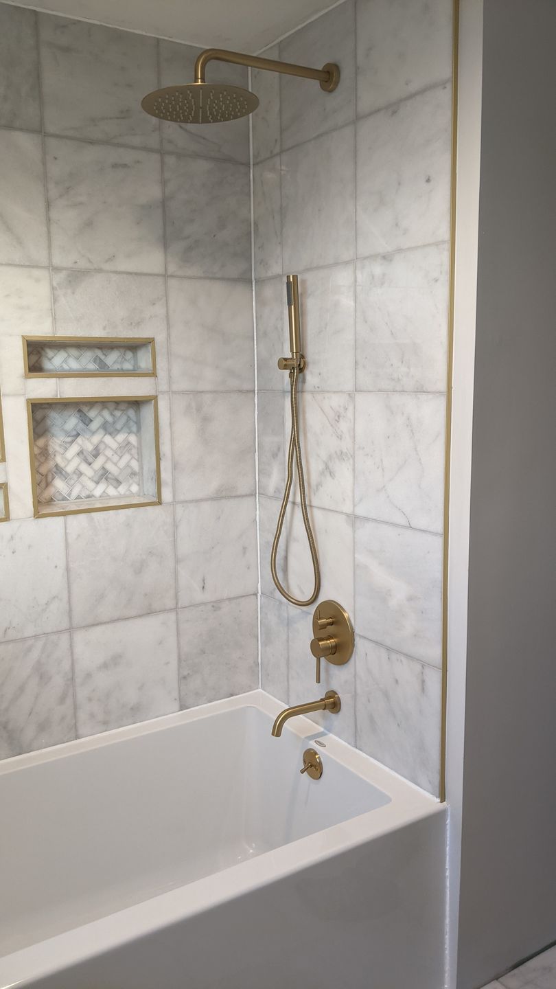 Customer photo review of Tub Shower Faucets Sets Complete Brushed Gold Rain Shower System With Tub Spout RB1084