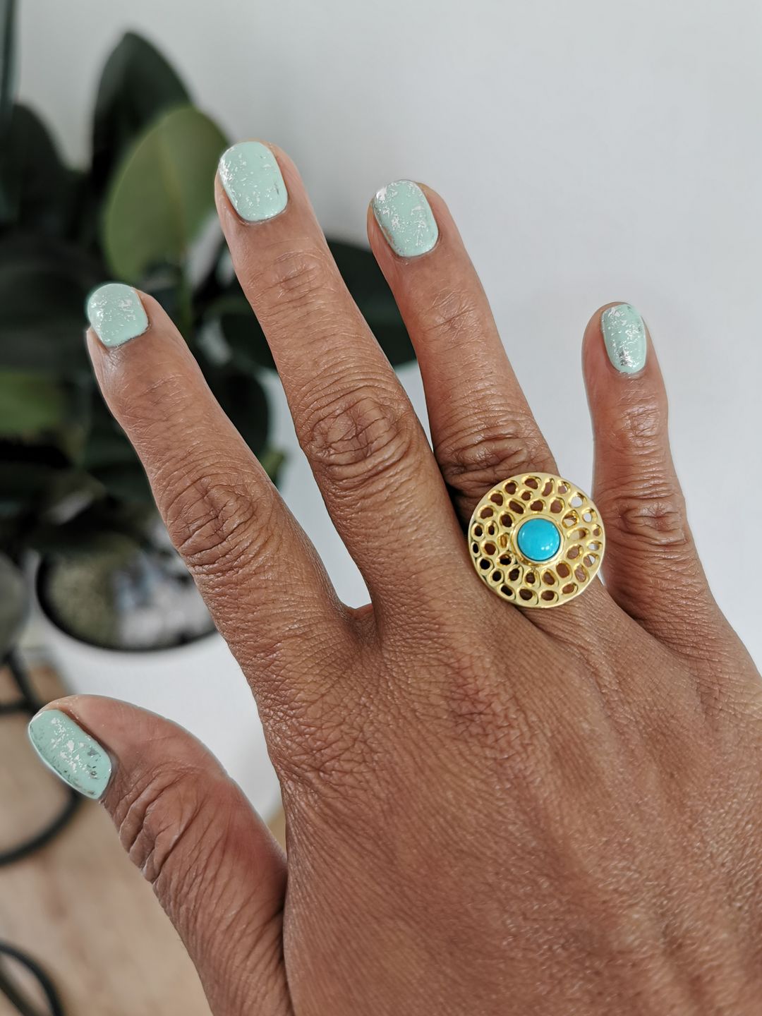 Customer photo review of Lattice Disc Ring with Sleeping Beauty Turquoise