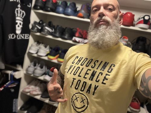 Customer photo review of Salty Savage™ Unisex "CHOOSING VIOLENCE TODAY" Tee | Pale Yellow