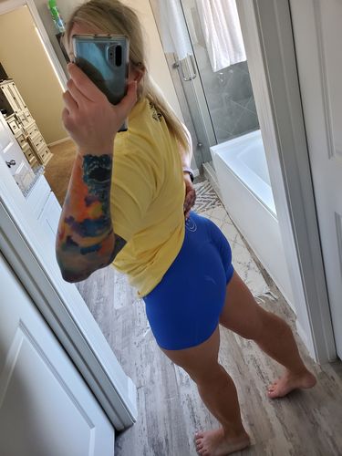 Customer photo review of Salty Savage™ Ladies OG Smile High Waist No Front Seam Booty Scrunch Training Shorts | Wet Suit Performance | Royal Blue