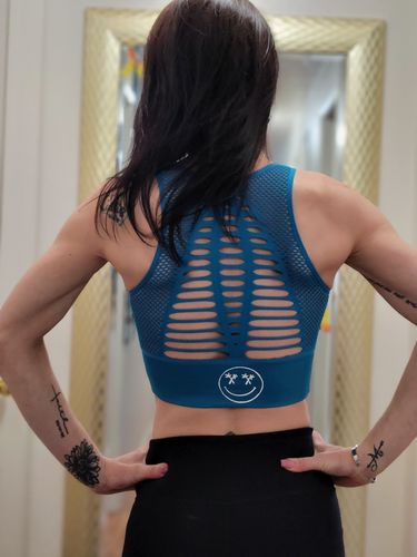 Customer photo review of Salty Savage™ Ladies OG Smile Laser Cut Seamless Sports Bra | Palm Tree Smile Edition | Blue